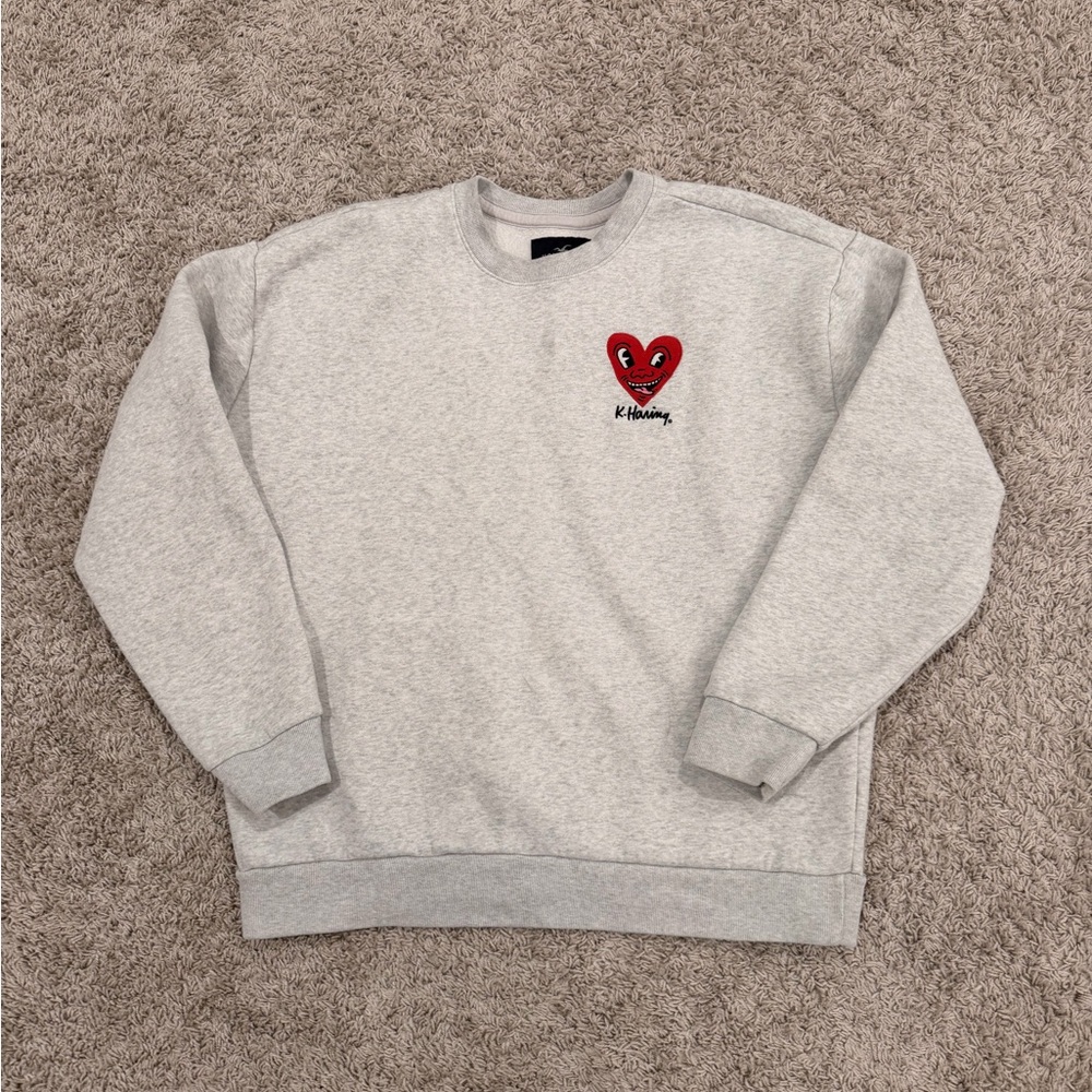 Hollister Gray Sweater with Red Heart Embroidery